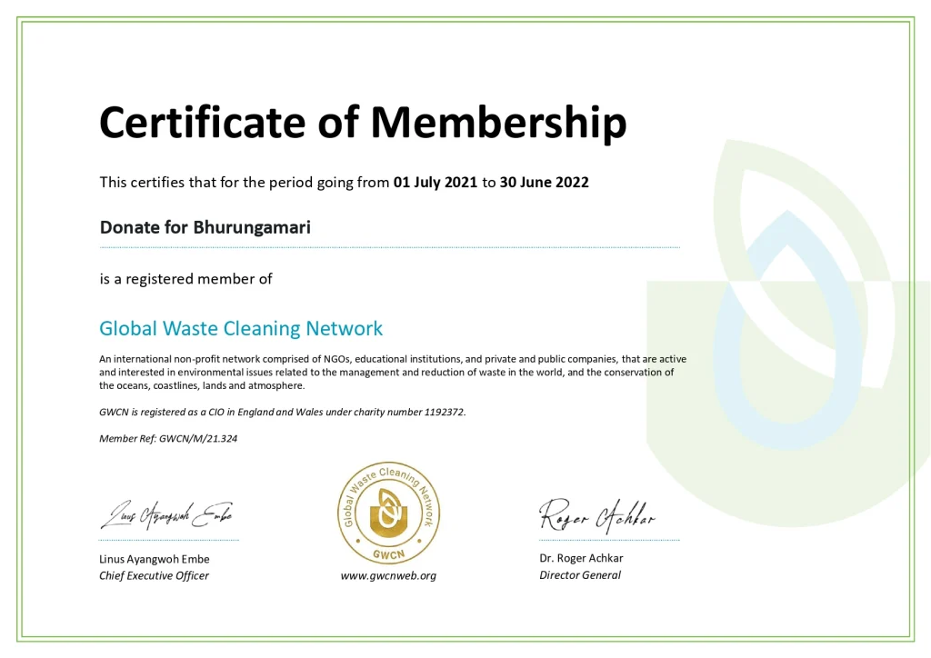 Membership certificate received from the Global Waste Cleaning Networt, UK